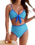 Blooming Jelly Womens High Waisted Bikini Set Tie Knot Two Piece Swimsuit Striped Bathing Suit (Small, Blue)