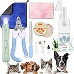 Qiveaory Dog Paw Cleaner Pet Paw Cleaning Kit with 150ml/5.12fl.oz Waterless Foaming Microfiber Towel Feet Balm Cordless Electric Paw Trimmer with LED Light Dog Cat Nail Clippers&Safety Stop