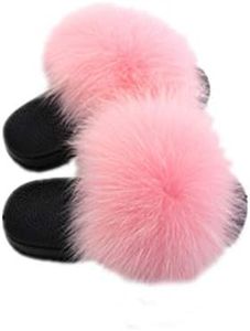 LVCOMEFF Girls real fox fur sandals slides fluffy fuzzy for kid child (pink, numeric_11)
