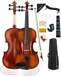 Fesley Violin 4/4 Full Set: Flamed Maple Solid Wood Fiddle Violins with Hard Case, Full Size Violin Kit with Bow, Rosin, Shoulder Rest, Tuner, Extra Strings, Cleaning Cloth, Finger Guide