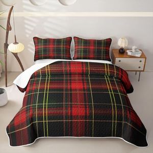 Erosebridal Red Black Grid Quilt Set King Size Modern Classic Geometric Tartan Breathable Soft Quilt Buffalo Plaid Quilted Bedspread Kids Teens Striped Check Vintage Farmhouse Coverlet for All Season