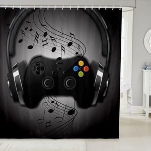 Boys Games Shower Curtain, Black Grey Headphones Musical Notes Design Gamepad Bathroom Curtain for Kids Teens Gaming Room Decor Cool Retro Playing Gamer Bathtubs Shower Curtains Set with Hooks,72" H