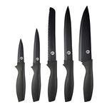 MasterChef Knife Set of 5 Kitchen Knives incl. Paring, Utility, Bread, Carving & Chef Knives for Cooking, Professional Sharp Stainless Steel, Non Stick Blades & Soft Touch Handles, 5 Piece, Black