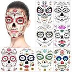 Halloween Face Temporary Tattoos (8Pack), Howaf Day of the Dead Sugar Skull Floral Black Skeleton Web Red Roses Transfers Face Tattoo for Women Men Adult Kids Halloween Party Favor Supplies