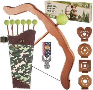 Ohanniewa Kids Bow and Arrow Set - Wooden Bow Archery Toy in Camouflage for Ages 3+ with 6 Arrows, 4 Targets, Leather Quiver & Brooch | Indoor/Outdoor Kids Toys for Boys & Girls