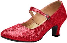 Clemunn Women Shoes, Womens Sequin Mid-High Heels Glitter Dance Shoes, Ladies Ballroom Latin Tango Rumba Buckle Ankle Strap Spike Heels Party Casual Shoes (Red,6.5 UK/Length: 25cm/9.8")