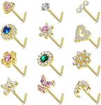 JeryWe 12Pcs Nose Studs 20g Nose Stud L Shaped Diamond CZ Nose Rings Stud for Women Surgical Steel Nose Rings Nose Screw Nose Piercing Stud Butterfly Heart Flower Nostril Jewelry Silver Rose Gold,