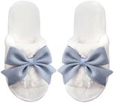 OYOANGLE Women's Cute Bow Decor Fuzzy Open Toe Indoor Home Slippers Fashionable Warm Comfy Furry Outdoor Slippers Blue 8.5