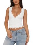 REORIA Womens Sexy V-Neck Sleeveless Double Lined Cute Going Out Y2K Trendy Lace Cropped Tank Tops Night Out Tops for Women White X-Large