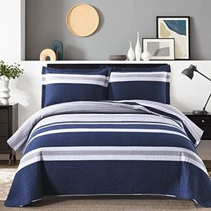 Finlonte Navy Quilt Queen 100% Cotton Nautica Quilts Queen Size, Navy Blue Striped Queen Quilt, Lightweight Soft Queen Size Quilt Bedspread for All Season, 3 Pieces
