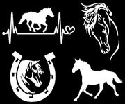 Horse Decal 4 Pack: Horse Heartbeat, Horseshoe, Horse Galloping, Detailed Horse Head (White, Small ~3.5")