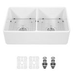 33 White Farmhouse Sink - Sarlai 33x20 Inch Kitchen Sink Double Bowl 50/50 Ceramic Fireclay White Apron Fron Farm Sink Basin (33x20-Double Bowl, White)