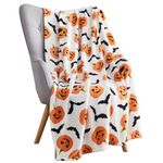 Throw Halloween Blanket: Fuzzy Happy Jack O'Lantern Pumpkins and Black Bat Print on Velvet Fleece for Sofa Bed Couch Chair Dorm