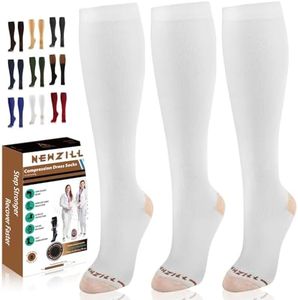 NEWZILL Compression Dress Sock for Men & Women | Cotton Rich Comfortable Socks 15-20mmHg | BEST Stockings for Business Casual Running Medical Athletic Edema Diabetic XXL White 3Pairs