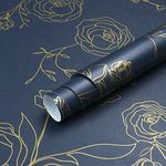 Timeet Self Adhesive Wallpaper Gold Rose Pattern Dark Blue Peel and Stick Wallpaper Vintage Floral 44cm X 10m Sticky Back Plastic Roll Removable Waterproof Vinyl Film for Bedroom Wall Furniture