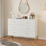 6 Drawer Dresser for Bedroom,Modern Bedroom Dresser,Fluted White and Gold Dresser with Curved Profile Design,Wood Storage Dressers & Chests of Drawers for Living Room,Closet, Bedroom, Hallway,White