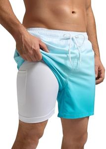 SILKWORLD Mens Swim Trunks with Compression Liner 5 Inch Inseam Swimming Trunk Quick Dry Bathing Suit Zipper Pockets Swim Shorts Swimwear Swimsuit, White Blue Gradient, Small