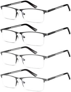 4-Pack Reading Glasses for Men, Blue Light Blocking Clear Lens not Yellow Tinted, Semi Rimless Frame Sping Hinge Readers Glasses, 2 Black 2 Gunmetal 2.0 x