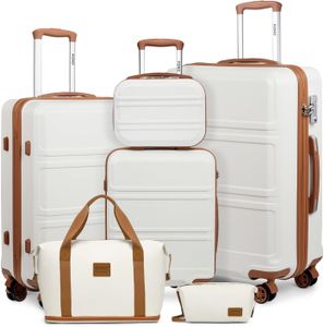 Kono 6-Piece Luggage Set – Lightweight ABS+PC Hard Shell, TSA Lock, Cream White