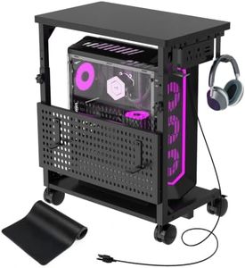 TFK Adjustable Computer Tower Stand with Power, Large, Carbon Fiber Black
