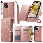 Varikke Compatible with iPhone 15 Case, 2-in-1 Wallet Case with Card Holder, Detachable Magnetic Phone Case with Kickstand, Glitter PU Leather Wrist Strap Cases 6.1 inches, Rose Gold