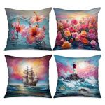 Tucocoo Ocean Scenery Throw Pillow Covers 18x18 inches Set of 4, Seascape Lighthouse Sailing Ship Decorative Cushion Cases Colorful Roses Hibiscus Flowers Modern Decor for Couch Bed Sofa Pillowcase