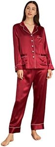 LilySilk Red Silk Pajamas Women Long Set V Neck Notched Collar with White Trimmed Claret Size XS