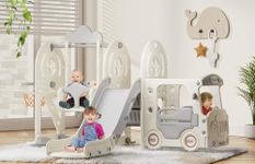 BIERUM 5 in 1 Toddler Slide and Swing Set, Kid Slide for Toddlers Age 1-3, Bus Themed Baby Slide with Basketball Hoop, Indoor Outdoor Slide Toddler Playset Toddler Playground Beige Gray