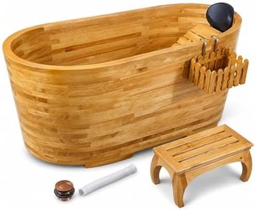 OGOLOUG Deep Wooden Bathtub for Adults – Premium Oak Soaking Tub with Backrest, Headrest, Stool & Full Copper Drainage System – Handmade Bath Tub for Small Bathrooms & Home Spa Use 59"
