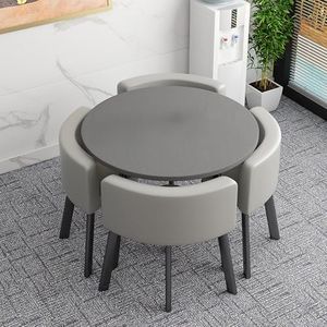 WOOOFA Round Dining Table Set for 4, Faux Marble Conference Table and Chairs Set, Kitchen Table Chairs Set with Strong Metal Frame, Space-Saving, Office Table and Chair Set for Home and Apartment