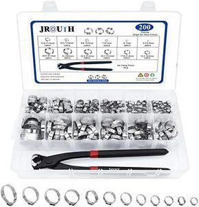 JROUTH 200PCS Single Ear Hose Clamps, 12 Size5.3-33.1mm Crimp Hose Clamp Assortment Kit with Ear Clamps PIncer, 304 Stainless Steel Hose Clamp for Securing Pipe Hoses and Automotive with Case