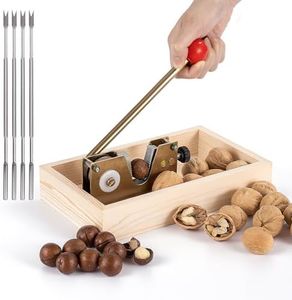 Nut Cracker Tool - Portable Mcadamia nut cracker with Adjustable U-Shape Groove & Wooden Storage Base & 4 Stainless Steel Picks for Walnut, Pecan, Macadamia, Hazelnuts, Chestnut Shelling
