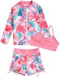 Funnycokid Girls Swimsuits Size 9-10 Long Sleeve 3 Piece Bikini Swimwear Short Zip Rash Guard Set Pink Floral Bathing Suit