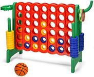 Costzon Giant 4-in-A Row, Jumbo 4-to-Score Giant Game w/Basketball Hoop, Ring Toss, Quick-Release Slider, 42 Jumbo Rings, Indoor Outdoor Family Connect Game for Kids & Adults, Backyard Games, Green