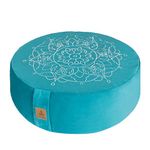 FelizMax Embroidered Meditation Pillow D=16" H=5.5" Round Velvet Meditation Cushion Yoga Bolster Floor Pouf Zafu Buckwheat hulls Sitting on Floor Organic Cotton Cover Large Kneeling Pillow (Cyan Blue)