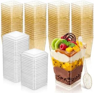 Vintrol 120 Pack (360 Pieces) Golden Glitter Plastic Dessert Cups with Lids and Spoons 5Oz Square Yogurt Parfait Appetier Cups for Party Dessert Shooter Cups for Ice Cream, Fruit,Jello, Pudding