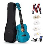 Enya Concert Ukulele 23 Inch Blue Solid Mahogany Top Ukelele Beginners Starter Kit Includes Online Lessons, Case, Strap, Strings, Capo, Sand Shaker, Pick, Polish Cloth (EUC-25D BU)