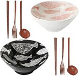 8 Inch Ceramic Ramen Bowl, Set of 2 Porcelain 40 oz Japanese Udon Soba Pho Asian Soup Noodle Bowls with Chopsticks & Spoons & Fork, Christmas & Birthday, Housewarming Gifts (Fish)