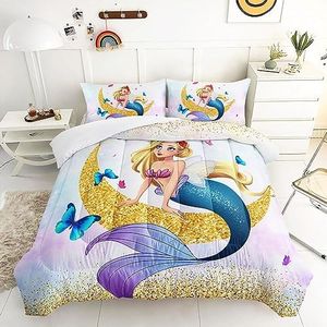 AILONEN Beautiful Mermaid Comforter Set Queen Size, Kawaii Mermaid Princess Bedding Set for Girls Kids,Shining Moon and Butterfly Bed in a Bag,3 PCS,1 Quilt and 2 Pillowcases,Soft Microfiber