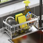 Kitchen Sink Caddy, Kitchen Sink Organiser, Kitchen Drain Rack Sponge Holder with Auto Drain Tray, Washing Up Caddy,Stainless Steel Sink Storage Rack,Dishcloth Hanger, Kitchen Utensil Holder (Silver)