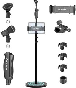 CAHAYA Microphone Stand Floor Universal - Metal Mic Stand with Weighted Round Heavy Base Mic Stands Adjustable Height with Phone Holder Mic Floor Stand with 2 Mic Clips and 3/8'' to 5/8'' Adapter