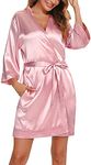 Vlazom Women's Satin Kimono Robe, Silk Lace Trim Dressing Gown Soft Wedding Party Bathrobe 3/4 Sleeve Sleepwear with Oblique V-Neck, Pink, S