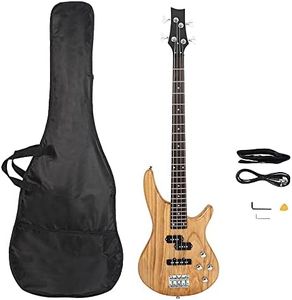Bonnlo Electric Bass Guitar 4-String for Beginner Right Hand with Shoulder Strap, Wrench Tool, Power Line and Bag (Natural Wood)