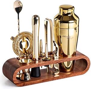 Mixology Bartender Kit: 10-Piece Bar Tool Set with Mahogany Stand | Perfect Home Bartending Kit and Martini Cocktail Shaker Set For a Perfect Drink Mixing Experience | Fun Housewarming Gift (Gold)