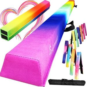 PreGymnastic 6FT/8FT/9.5FT Folding Balance Beam for Kids Ages 3-12, Foldable Gymnastics Floor Beam-Extra Firm Suede Cover with Carrying Bag for Home-Gym Equipment for Toddler Teenager(8Ft, Rainbow)