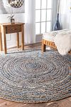 imsid Handwoven 3x3 feet Round Jute Rug, Natural Fibers, Braided Reversible Carpet for Stylish Bedroom Living Room Dining Room Kids Room (3x3 feet Round, Blue & Beige)