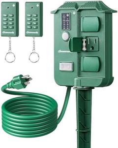 DEWENWILS Outdoor Power Stake Timer Waterproof, 6 Grounded Outlets, 2 Remotes, 100FT Wireless Remote Control, 6FT Extension Cord, Photocell Dusk to Dawn Timer for Lights, Yard, Garden, UL Listed
