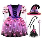 Spooktacular Creations Kid Witch Costume, Girl Light Up Witch Costume with Hat and Broom for Kids (Small (5-7 yr))