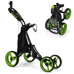 GYMAX 4 Wheels Golf Push Pull Cart, Lightweight Height Adjustable Golf Trolley with Storage Bag, Foot Brake, Umbrella Holder and Built-in Cooler, Foldable Golf Bag Holder (Green)