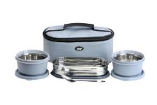 KOI TiffinPro Stainless Steel Lunch Box Set Includes Insulated Bag, Stainless Steel Spoon, 2 Leakproof Containers (450ml Each) & 1 Oval Container (400ml)